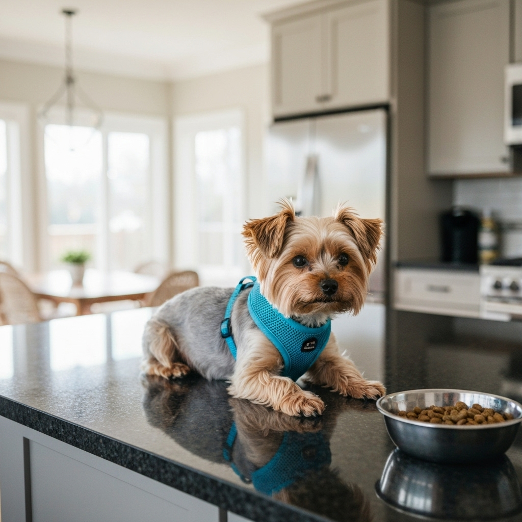 Small dog with harness